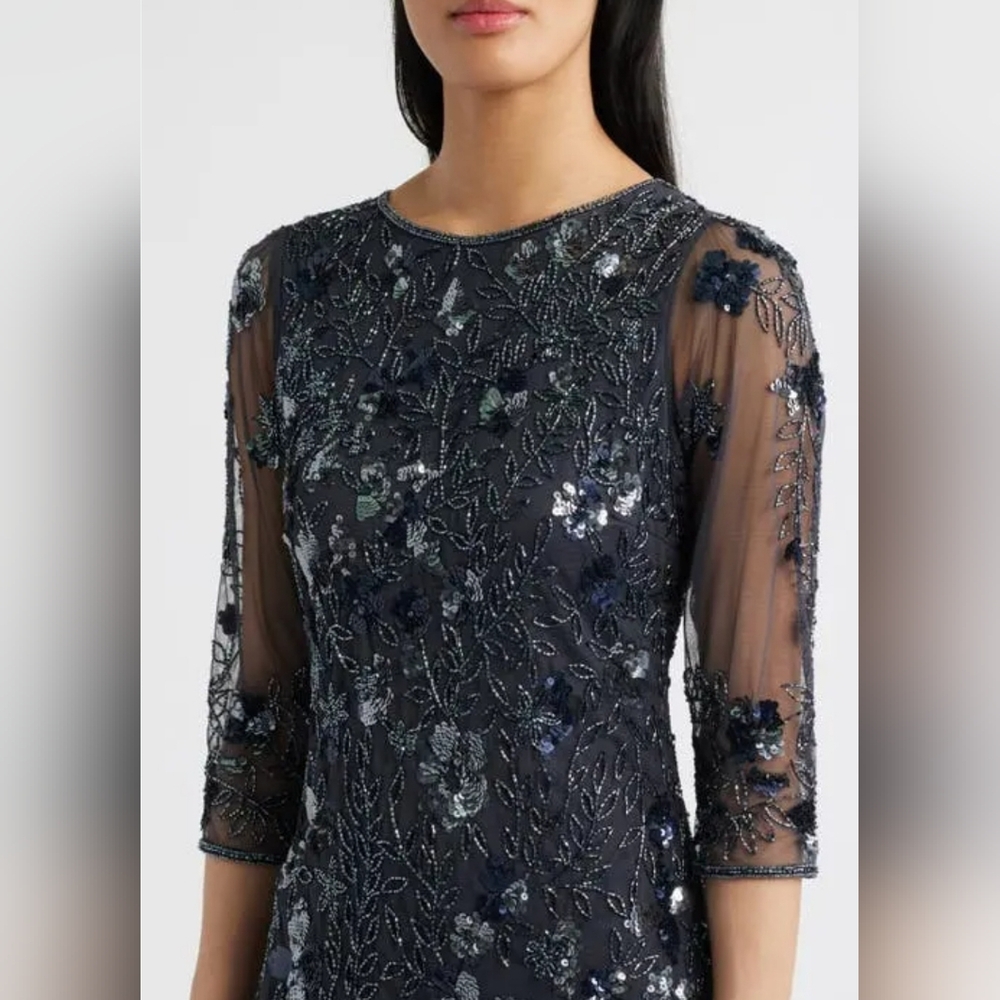 Size 6 -Pisarro Nights Elegant Beaded Gloral Embellished Grey Evening Gown Dress - Picture 4 of 9